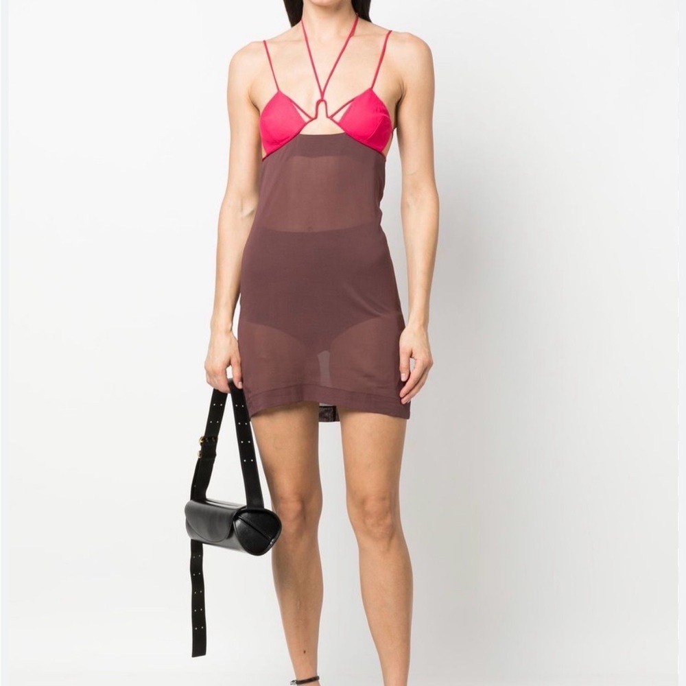 Nensi dojaka sheer brown and pink mini dress